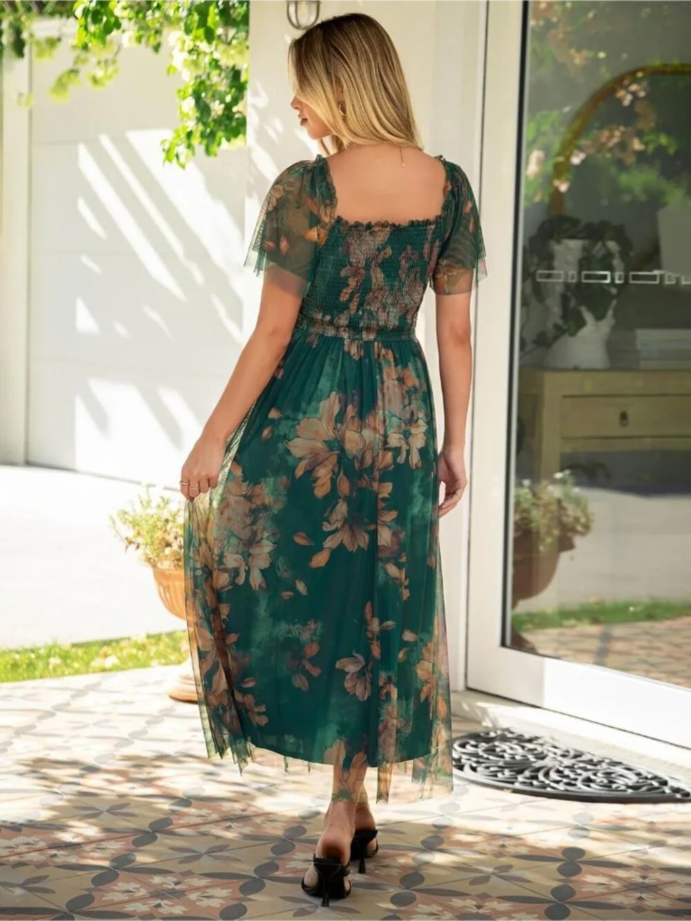 Women's Floral Green Brown Stylish Square Neck Mesh Smocked Boho Maxi Dress - Picture 3 of 6